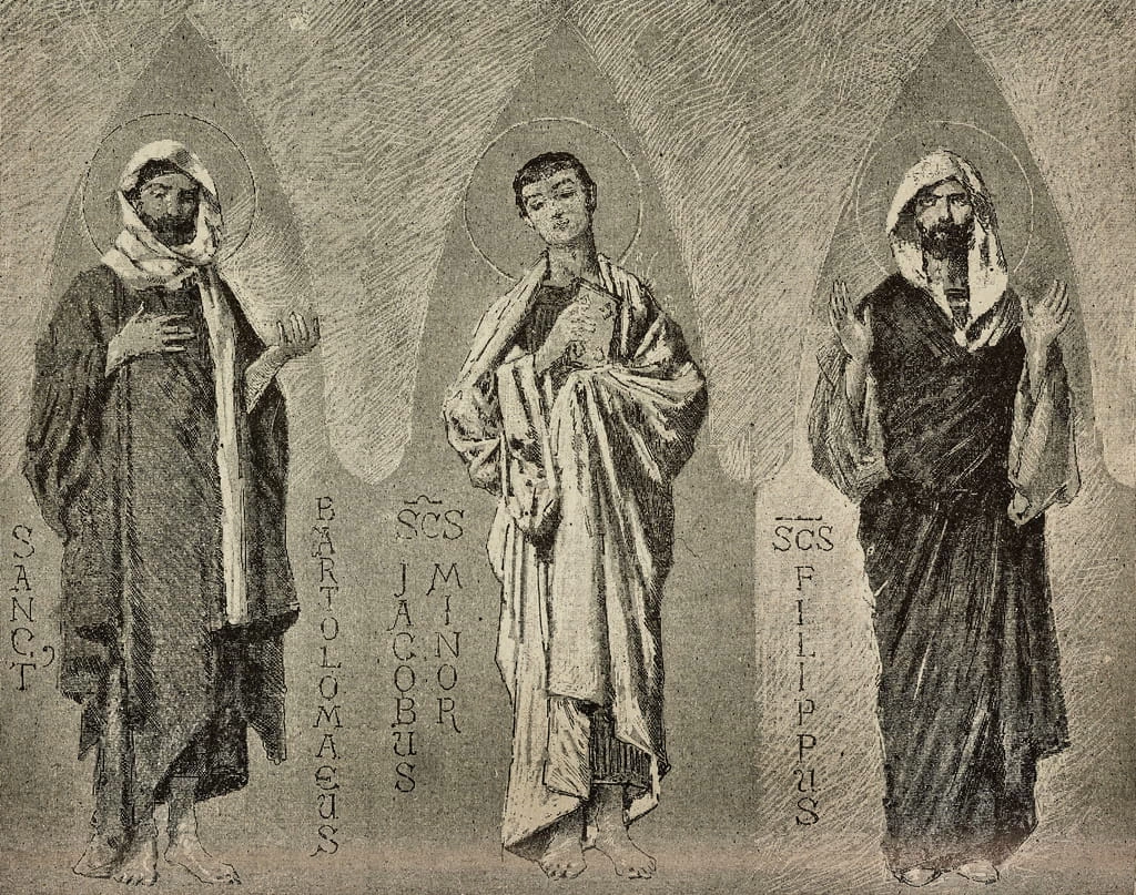 Santi Bartolomeo, Giacomo il Minore e Filippo - mosaico del Duomo di Amalfi, Italia, incisione da L'Illustrazione Italiana